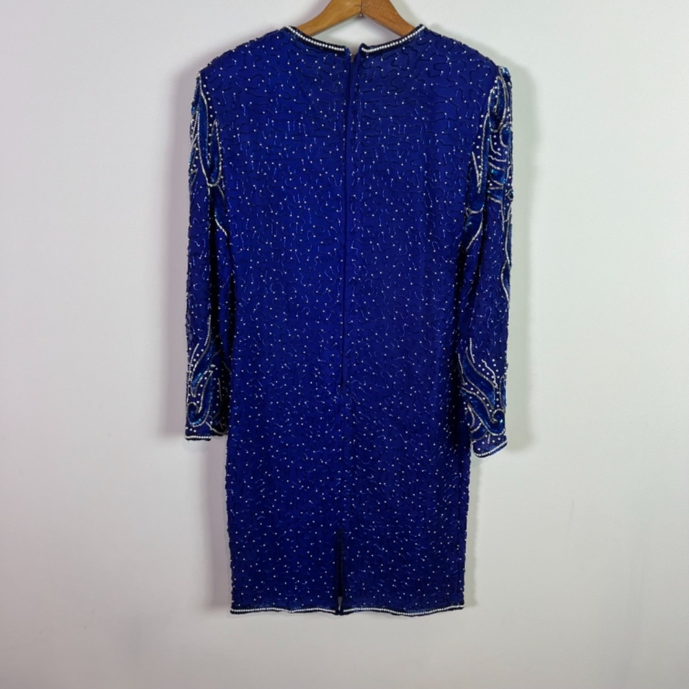 Stenay Blue Silver Beaded Silk Long Sleeve Midi Dress Women Size 8 Petite - Picture 5 of 7